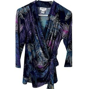 Carmen M wrap with front tie, leaves pattern, multi-colored